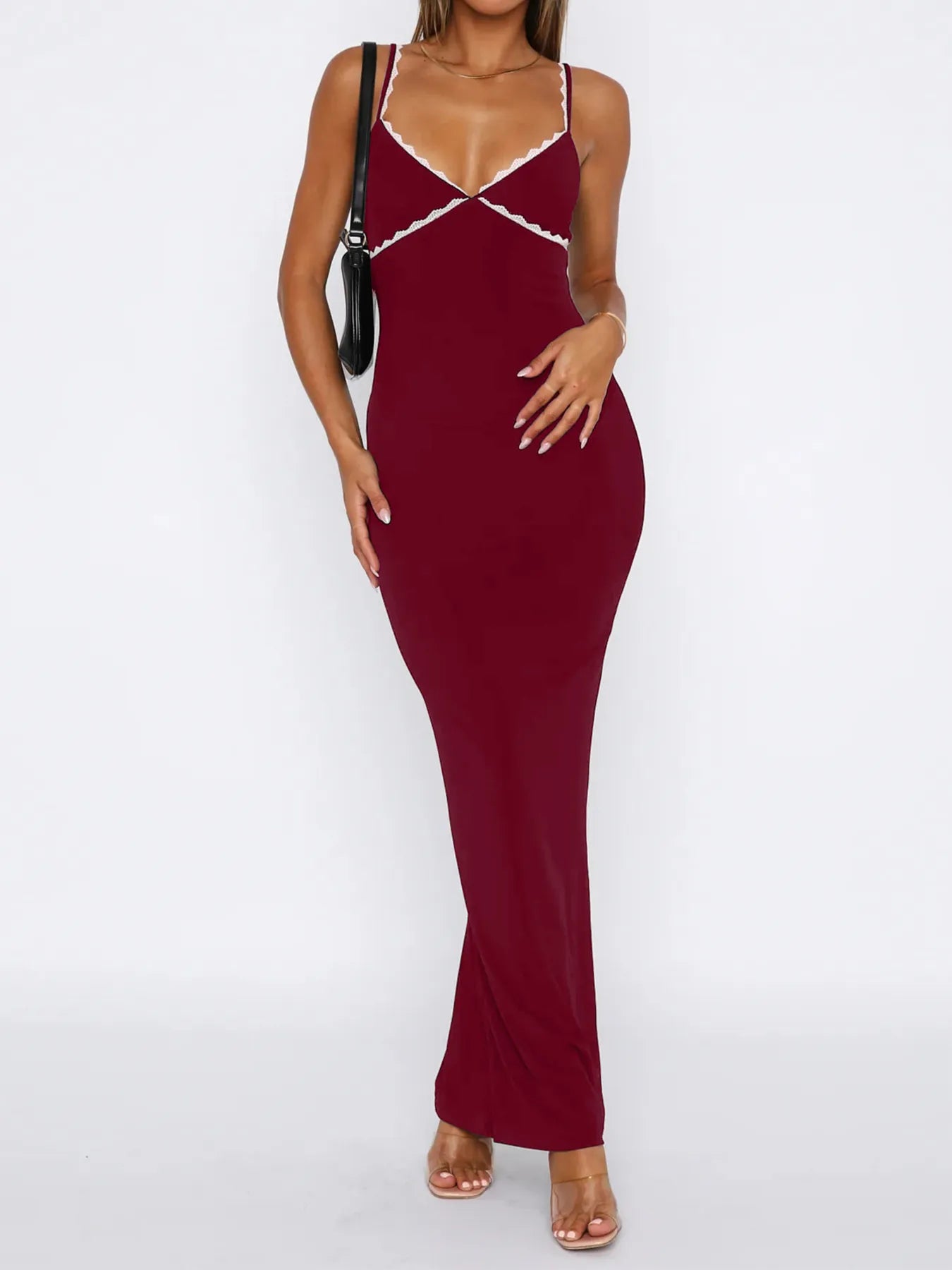 Elegant Lace Detail Slim Fit Bodycon Maxi Dress - adritiX
