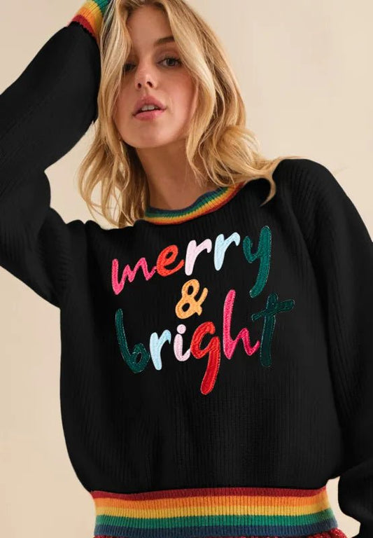 Elegant MERRY & BRIGHT Ribbed Round Neck Sweater - adritiX