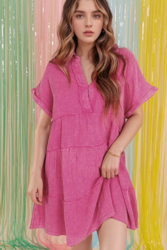 Elegant Mineral Wash Crinkle Split Neck Raw Hem Tiered Dress - adritiX