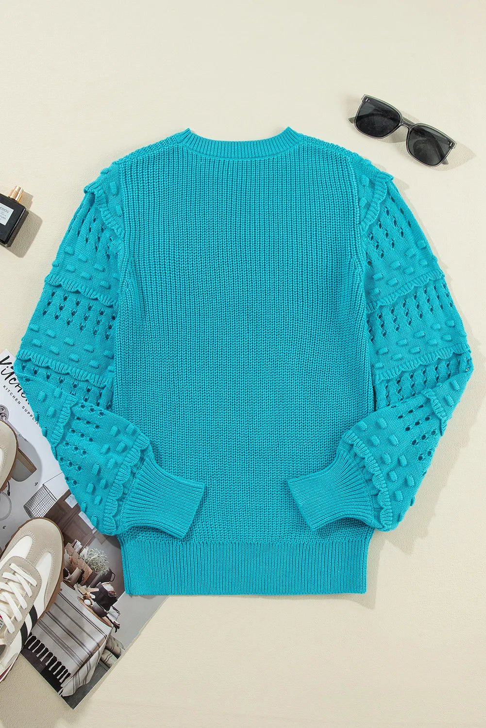 Elegant Openwork Frill Round Neck Long Sleeve Sweater - adritiX