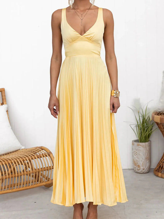 Elegant Pleated V - Neck Sleeveless Maxi Dress - adritiX