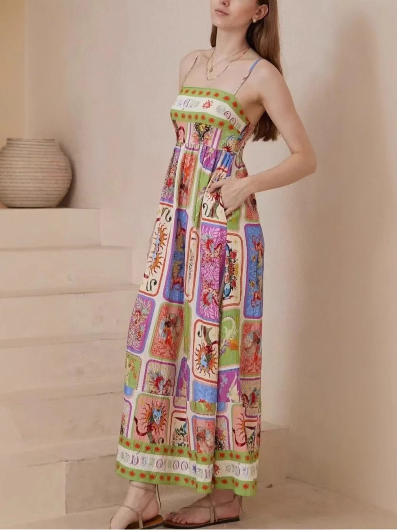 Elegant Printed Square Neck Cami Dress - adritiX