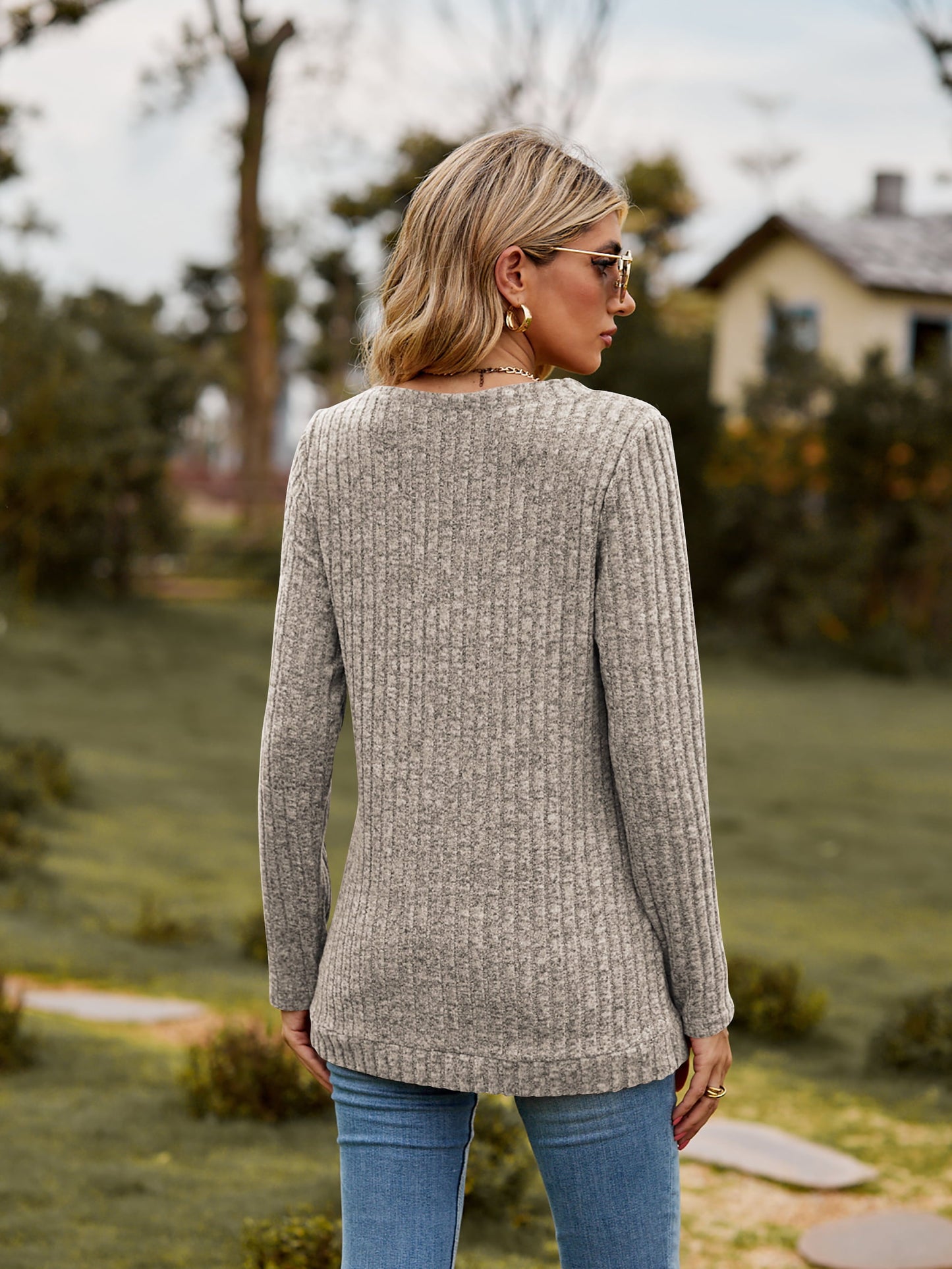 Elegant Ribbed V - Neck Long Sleeve Tee - adritiX