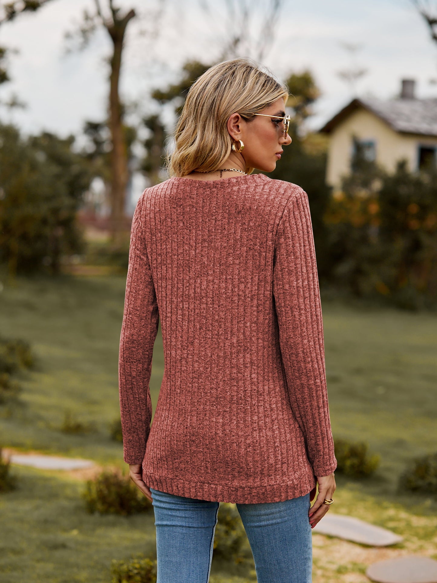 Elegant Ribbed V - Neck Long Sleeve Tee - adritiX