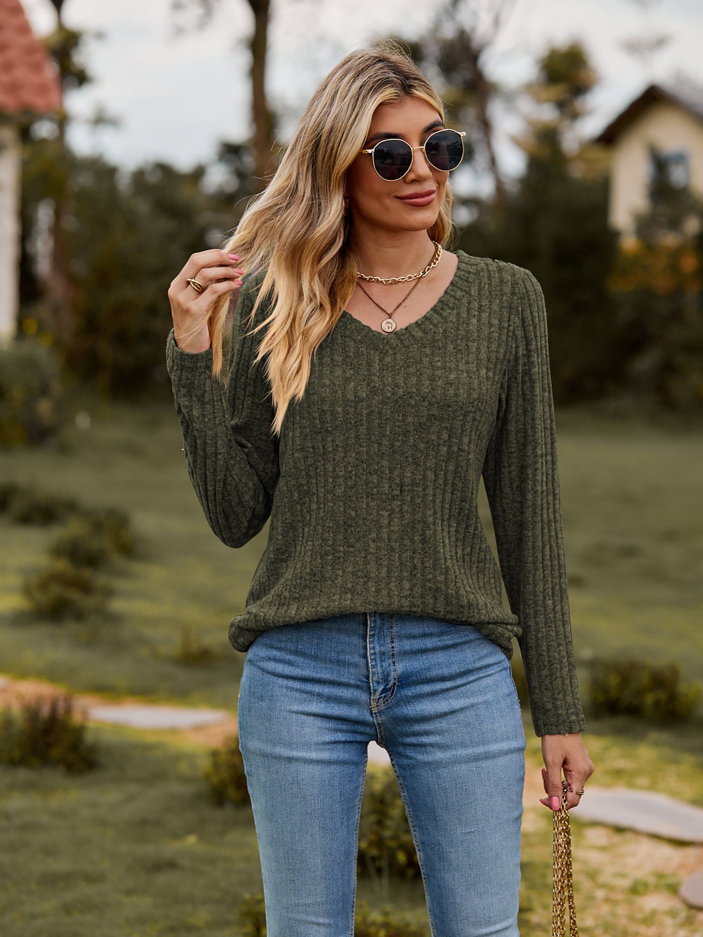 Elegant Ribbed V - Neck Long Sleeve Tee - adritiX