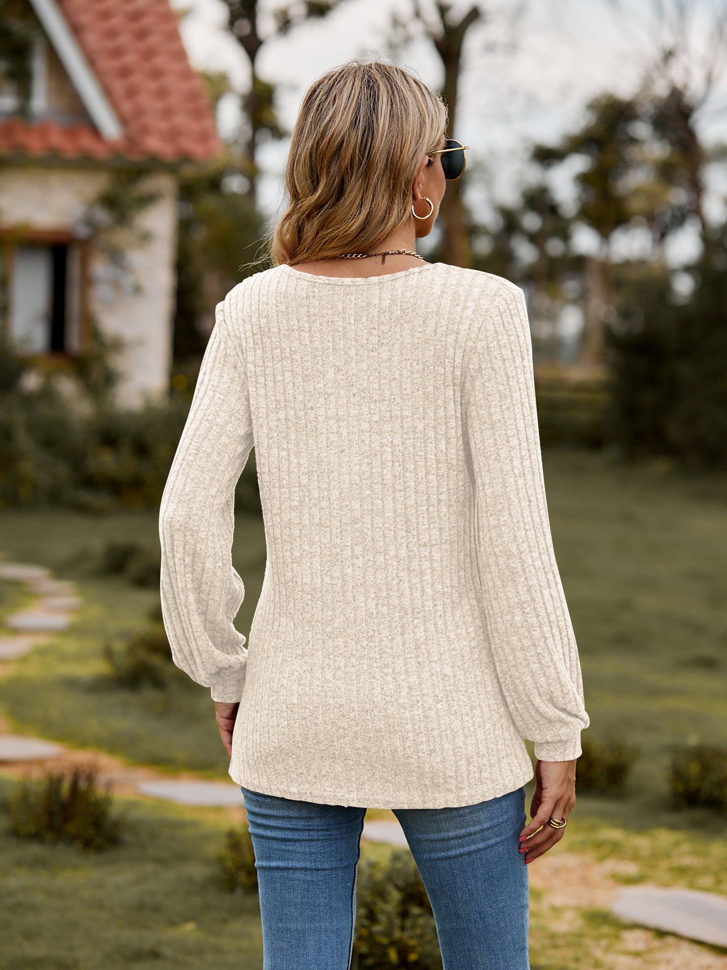Elegant Round Neck Button - Down Long Sleeve Tee - adritiX