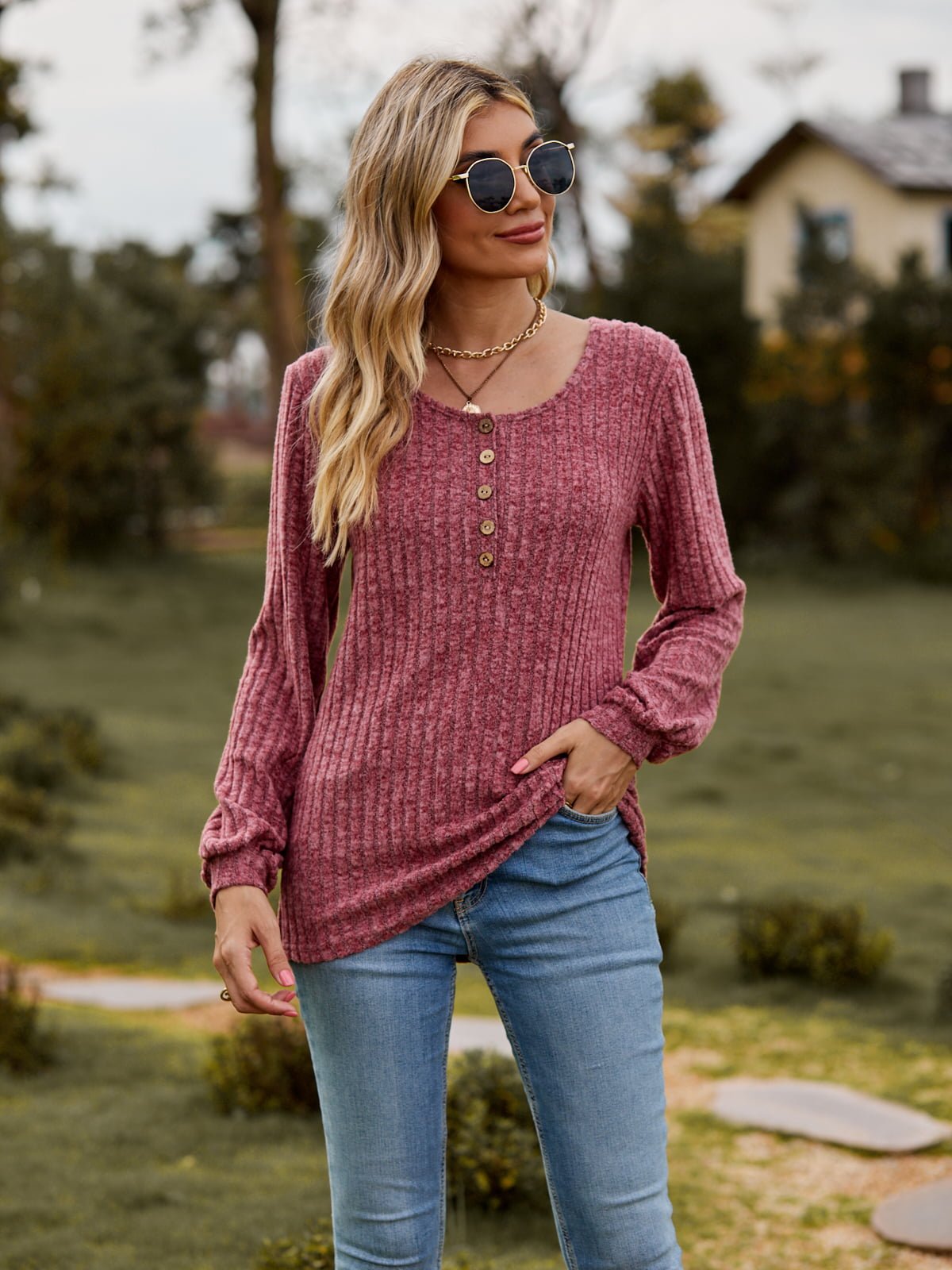 Elegant Round Neck Button - Down Long Sleeve Tee - adritiX