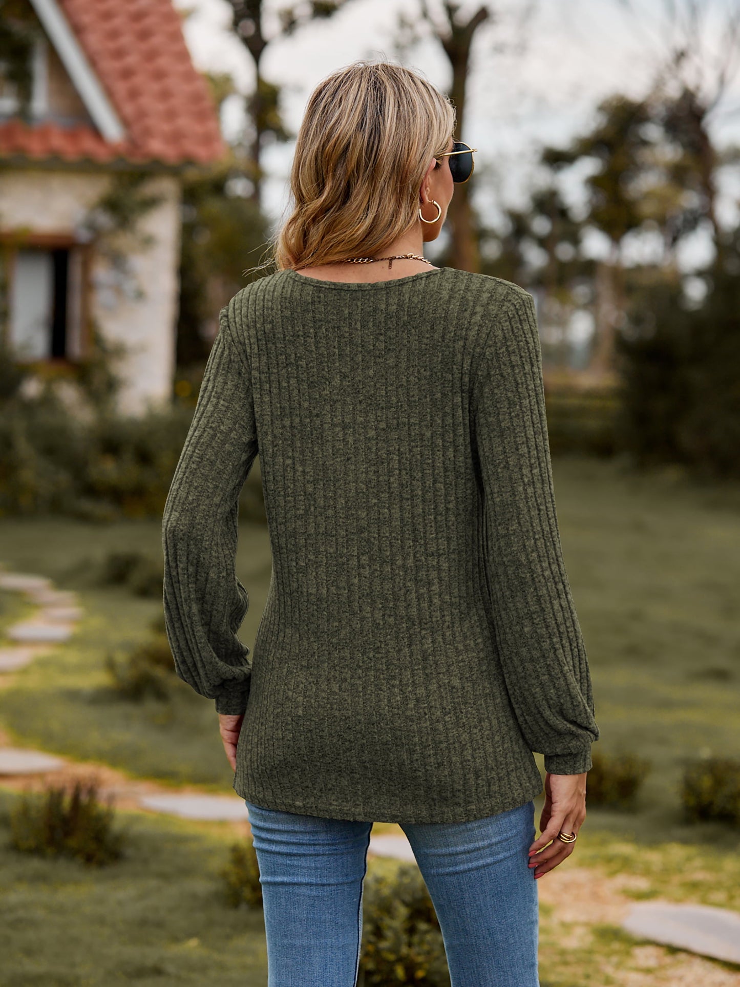 Elegant Round Neck Button - Down Long Sleeve Tee - adritiX