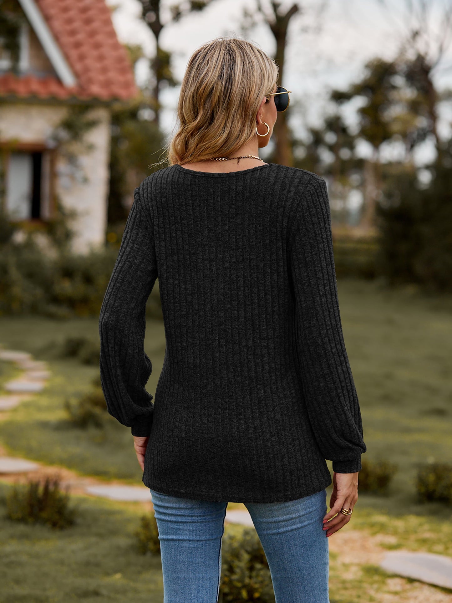 Elegant Round Neck Button - Down Long Sleeve Tee - adritiX