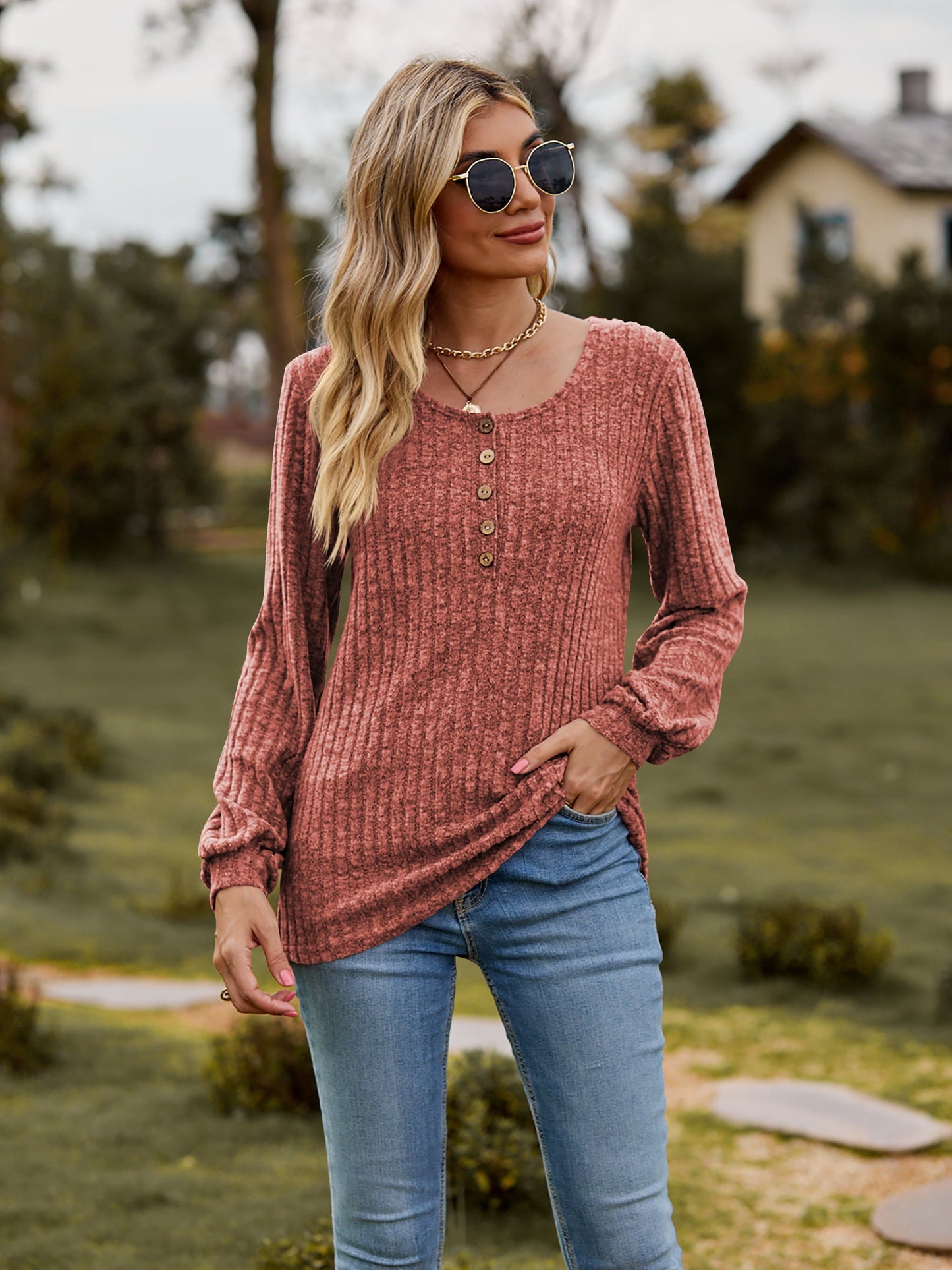 Elegant Round Neck Button - Down Long Sleeve Tee - adritiX