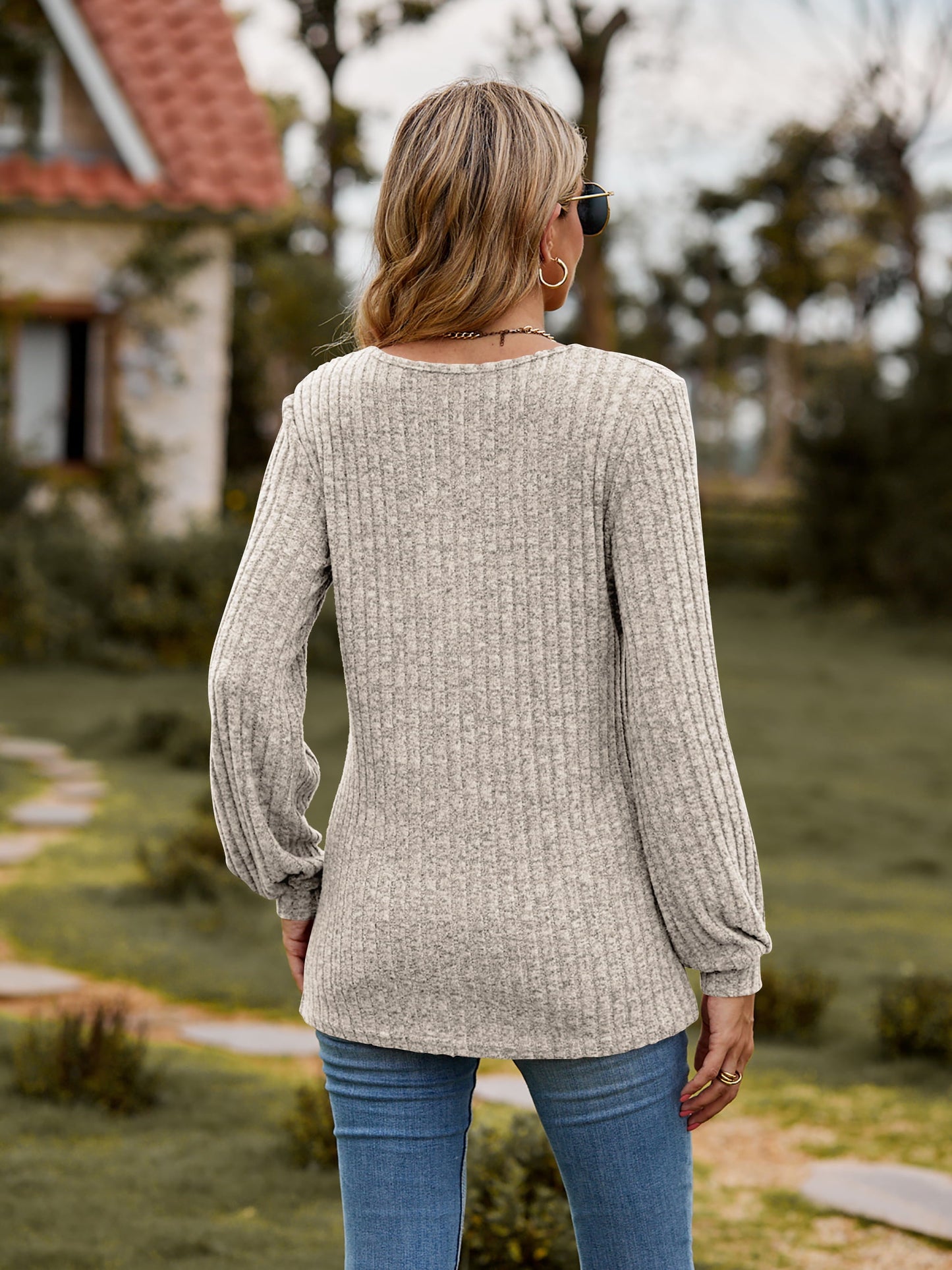 Elegant Round Neck Button - Down Long Sleeve Tee - adritiX