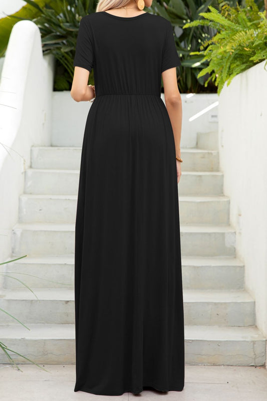 Elegant Round Neck Maxi Tee Dress with Pockets - adritiX