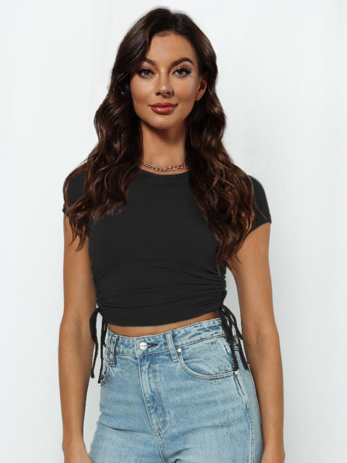 Elegant Round Neck Short Sleeve Drawstring Tee - adritiX