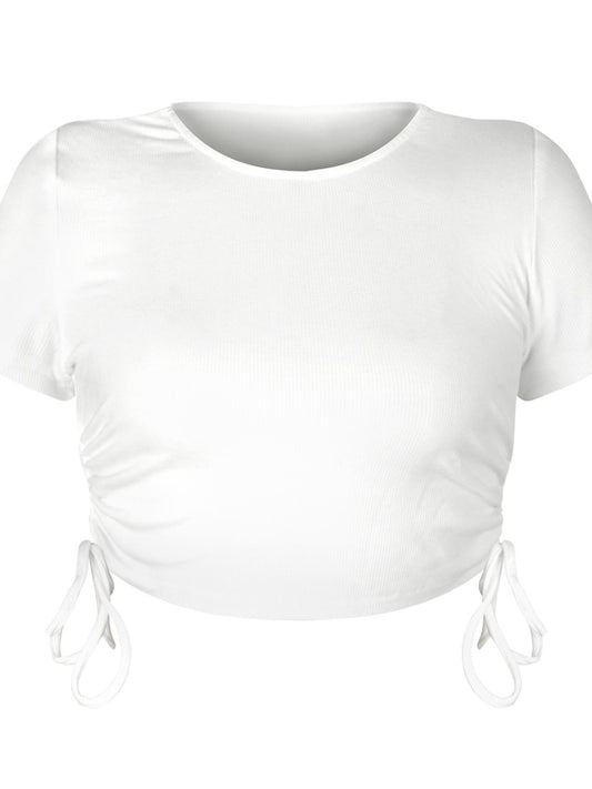 Elegant Round Neck Short Sleeve Drawstring Tee - adritiX
