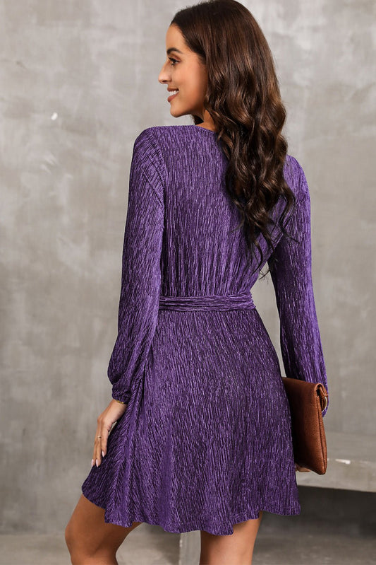 Elegant Round Neck Tie Front Long Sleeve Dress - adritiX