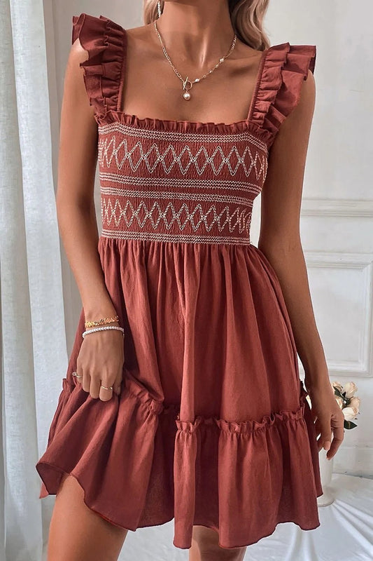 Elegant Ruffled Smocked Cap Sleeve Mini Dress - adritiX