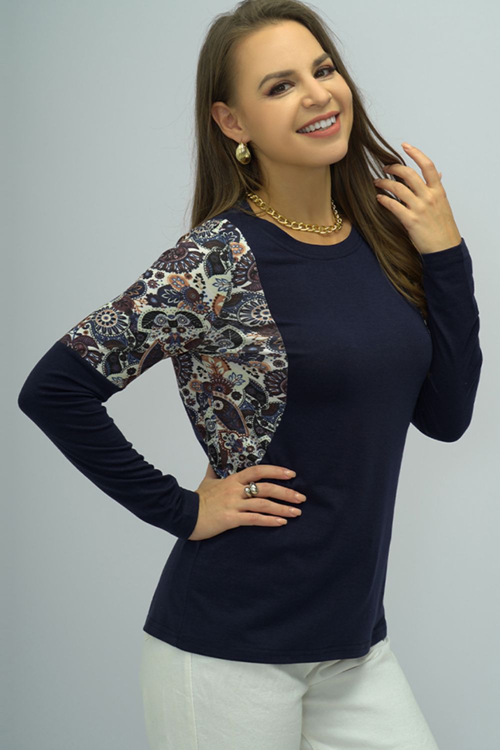 Elegant Shiny Round Neck Printed Shoulder Tee - adritiX