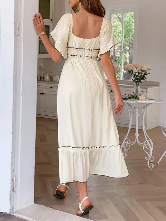 Elegant Square Neck Puff Sleeve Ruffle Trim Maxi Dress - adritiX