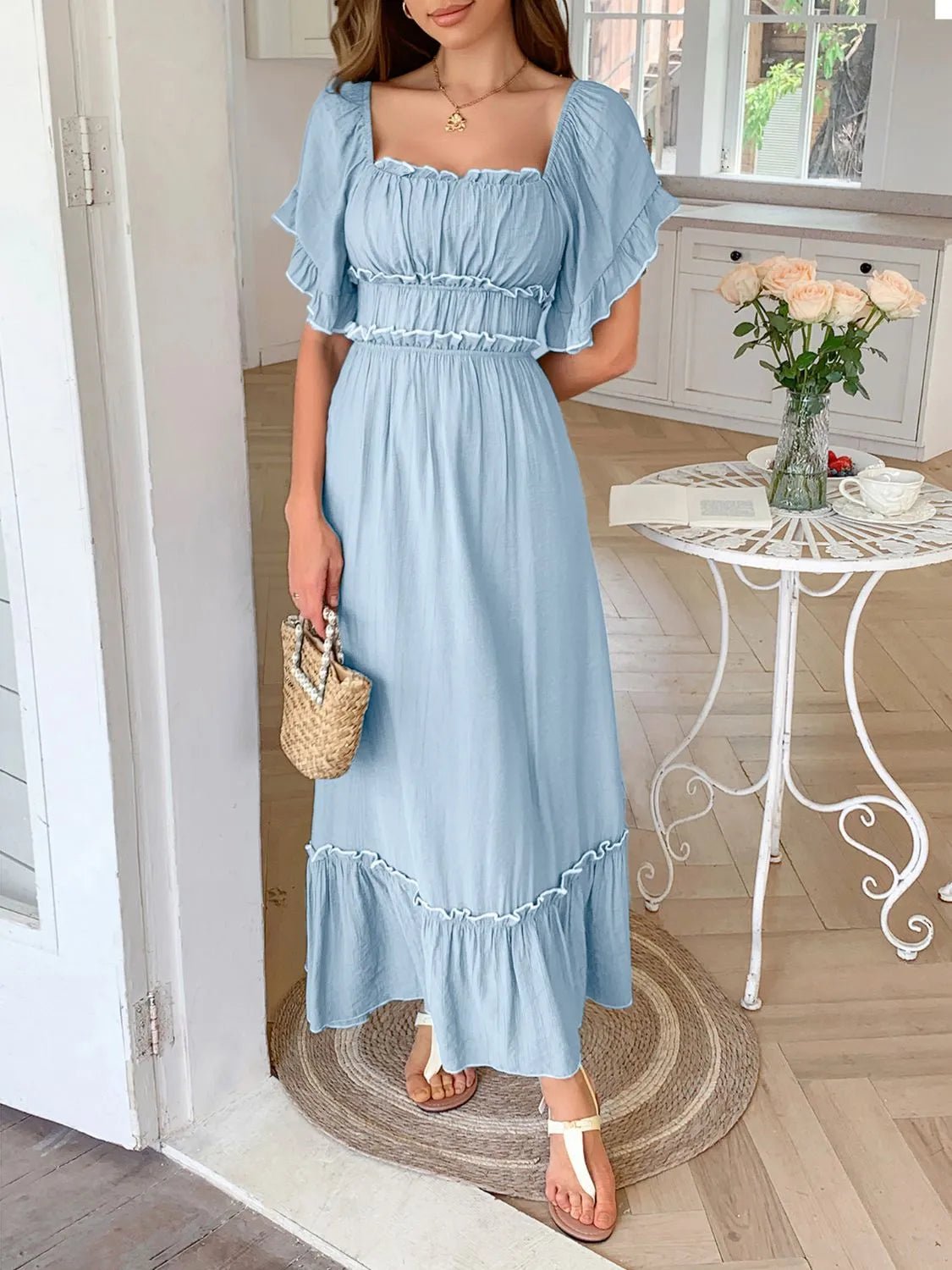 Elegant Square Neck Puff Sleeve Ruffle Trim Maxi Dress - adritiX
