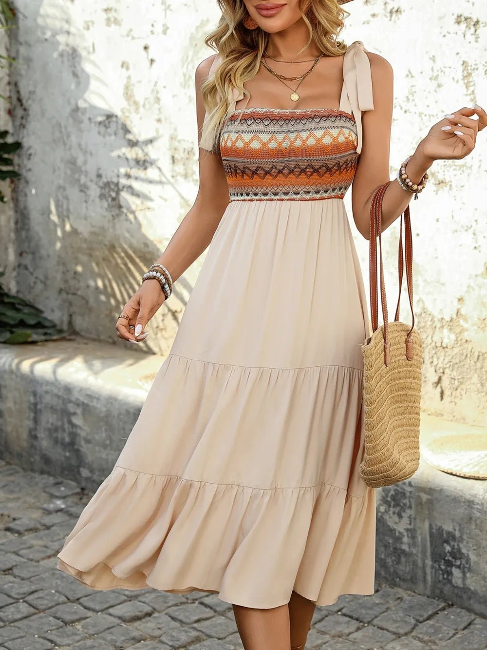 Elegant Tie Shoulder Square Neck Tiered Midi Dress - adritiX