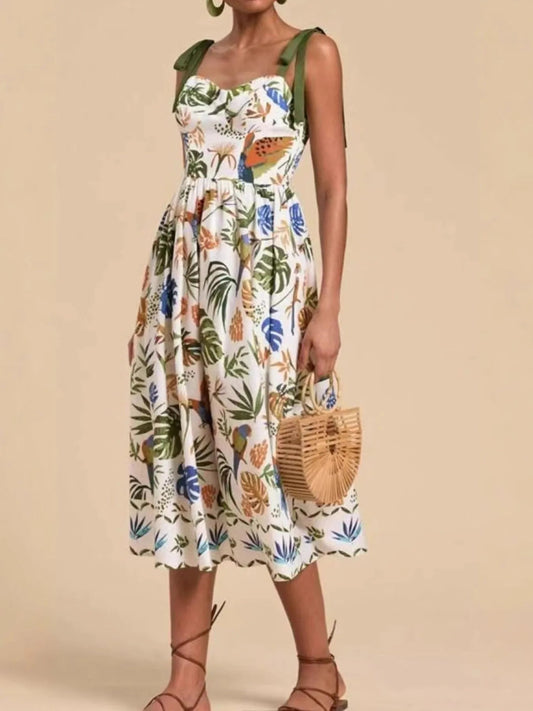Elegant Tropical Print Tie - Shoulder Sweetheart Neck Midi Dress - adritiX