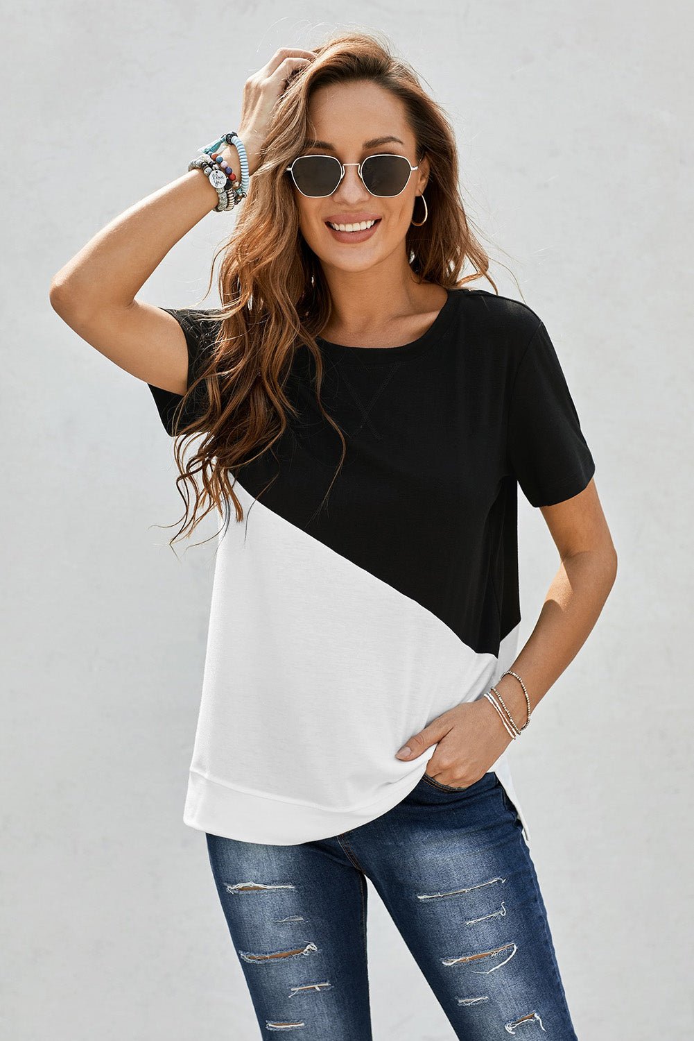 Elegant Two - Tone Round Neck Tee - adritiX