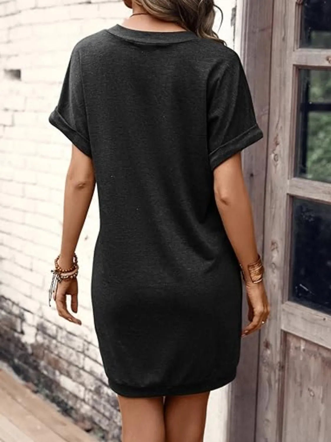 Elegant V - Neck Short Sleeve Mini Tee Dress - adritiX