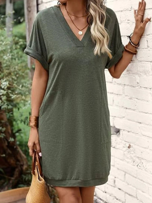 Elegant V - Neck Short Sleeve Mini Tee Dress - adritiX