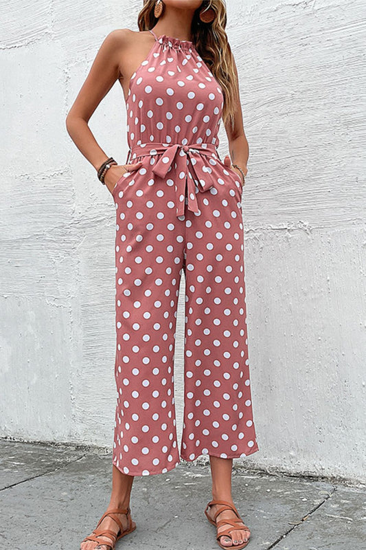 Elegant Perfee Polka Dot Grecian Wide Leg Jumpsuit - adritiX