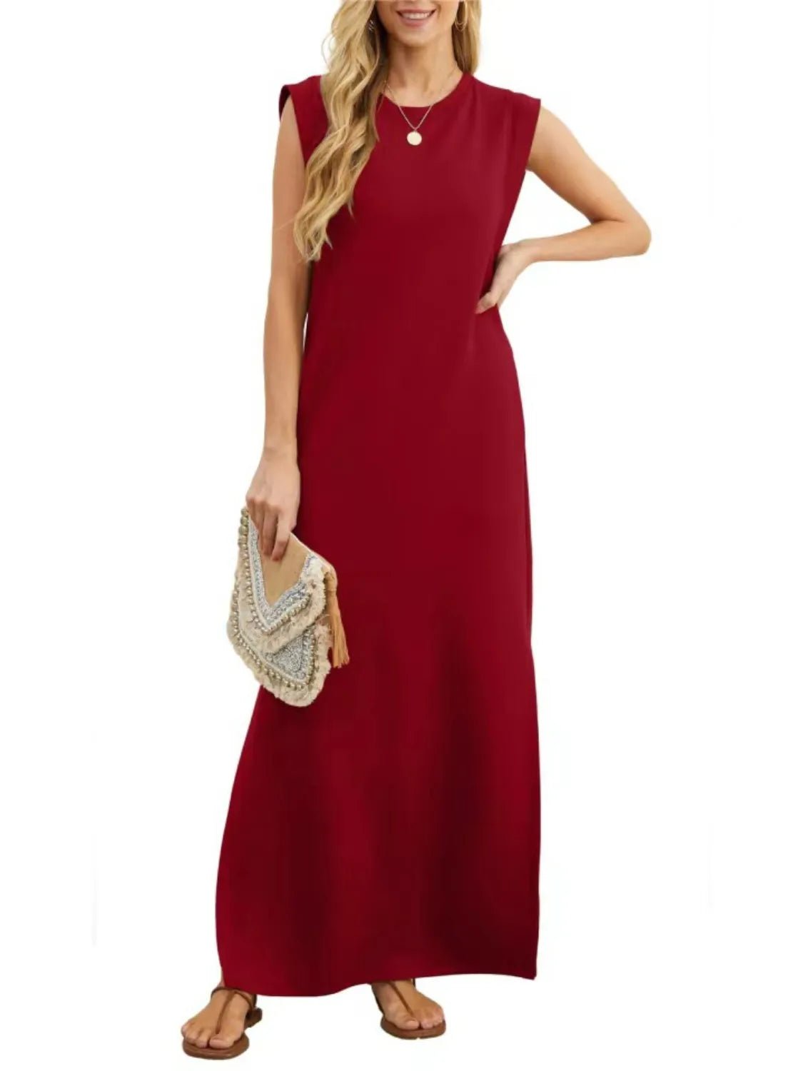 Full Size Slit Round Neck Sleeveless Maxi Tank Dress Plus Size - adritiX