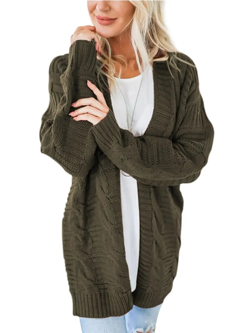 Cable-Knit Open Front Long Sleeve Cardigan - adritiX