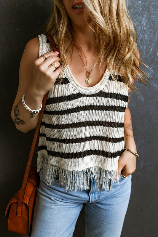 Elegant Fringe Striped Scoop Neck Tank - adritiX