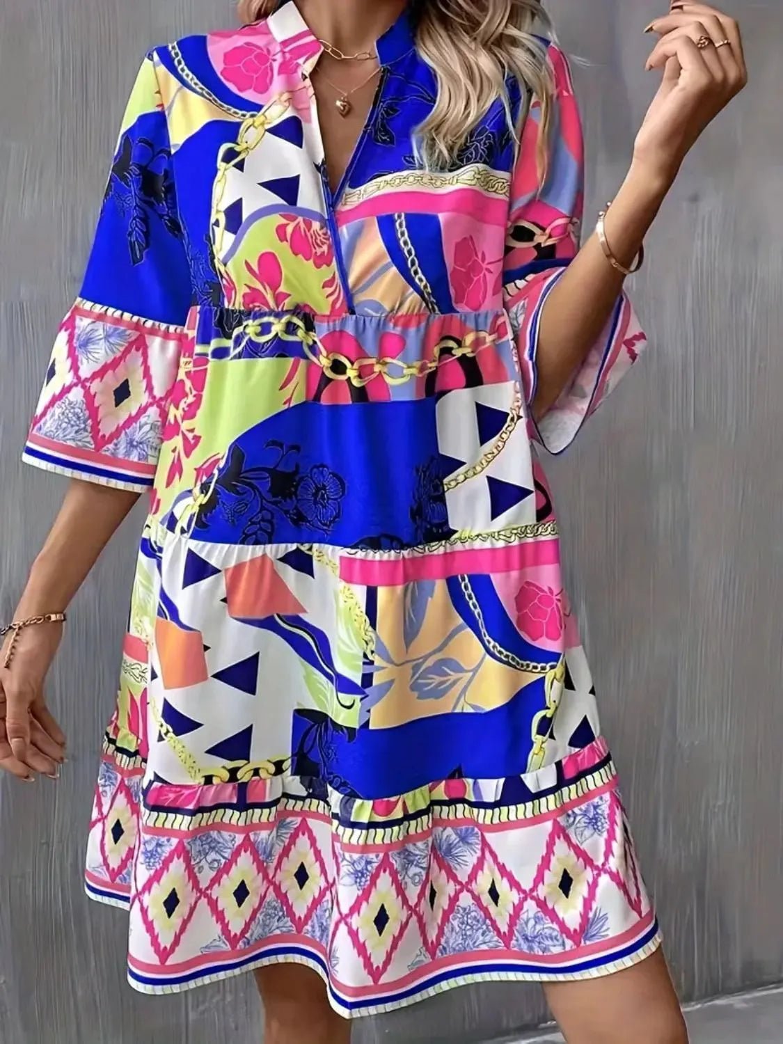 Printed Notched 3/4 Sleeve Tiered Dress - adritiX