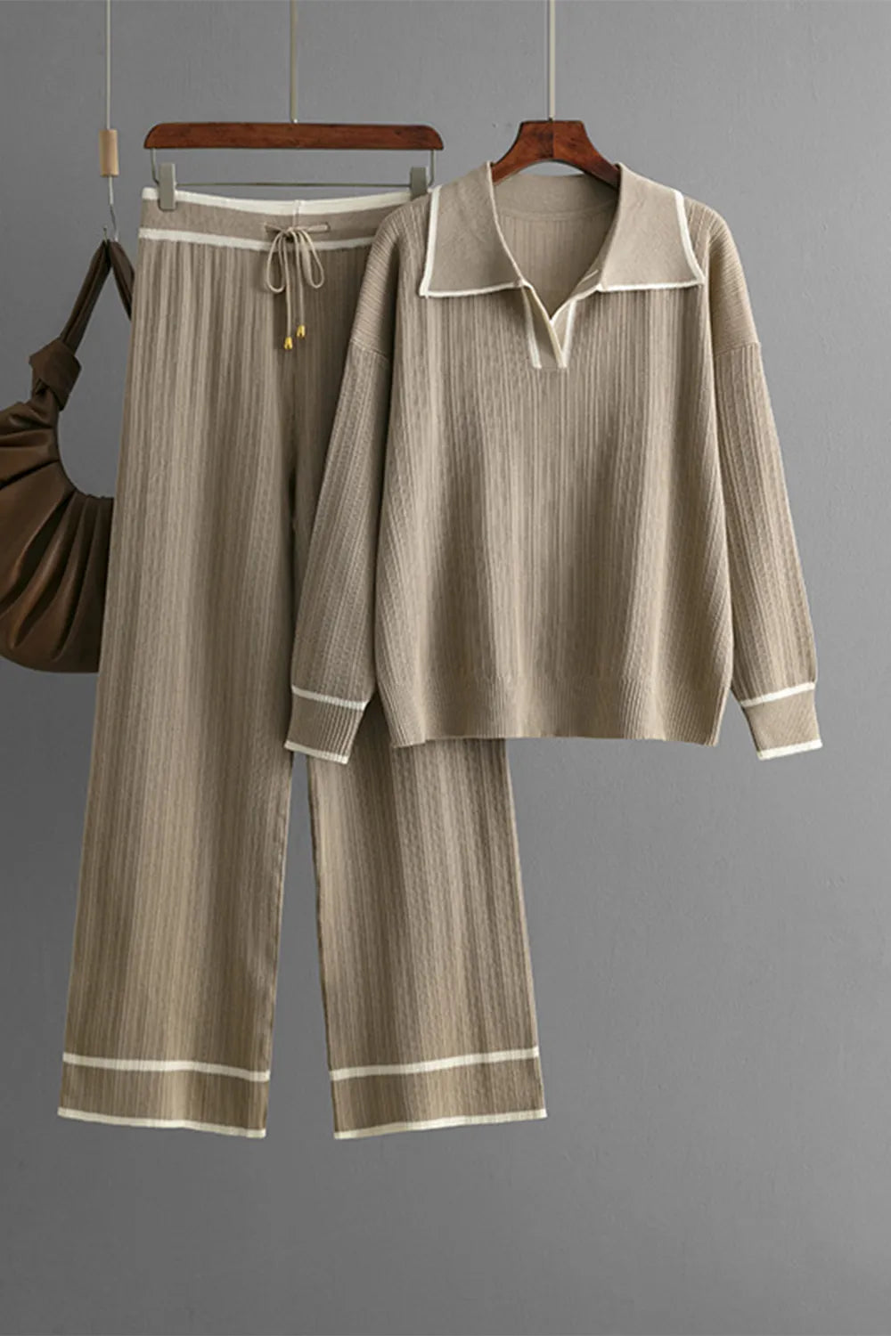 Contrast Trim Johnny Collar Top and Drawstring Pants Sweater Set - adritiX