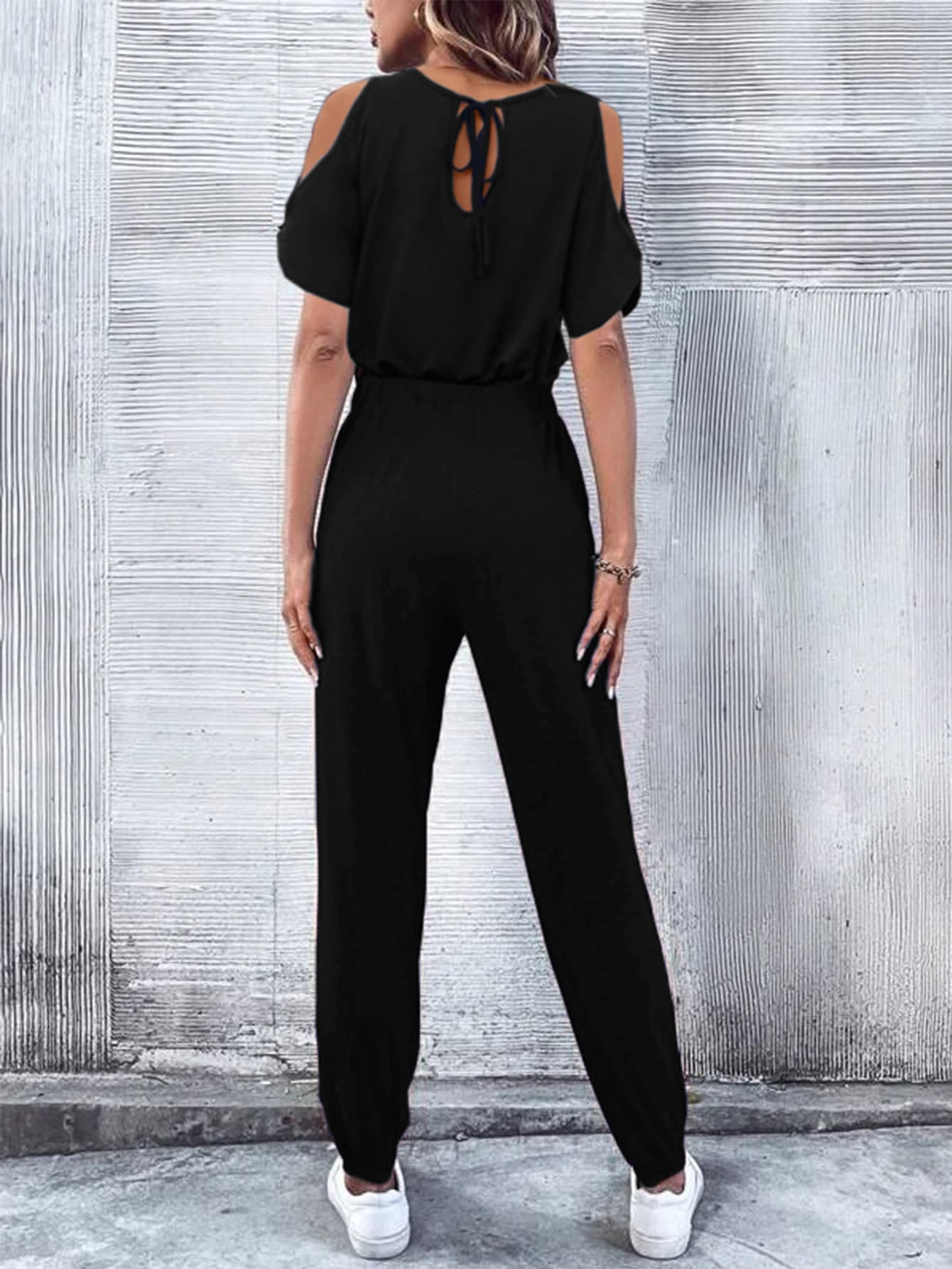 Elegant V-Neck Cold-Shoulder Jumpsuit with Pockets - adritiX