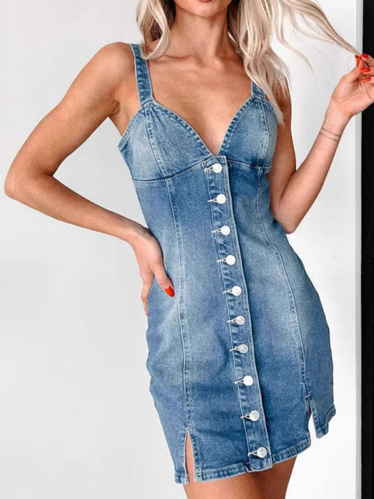 Button Front Sweetheart Neck Denim Mini Dress - adritiX