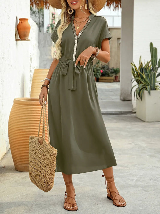 Sequin Notched Short Sleeve Midi Dress - adritiX