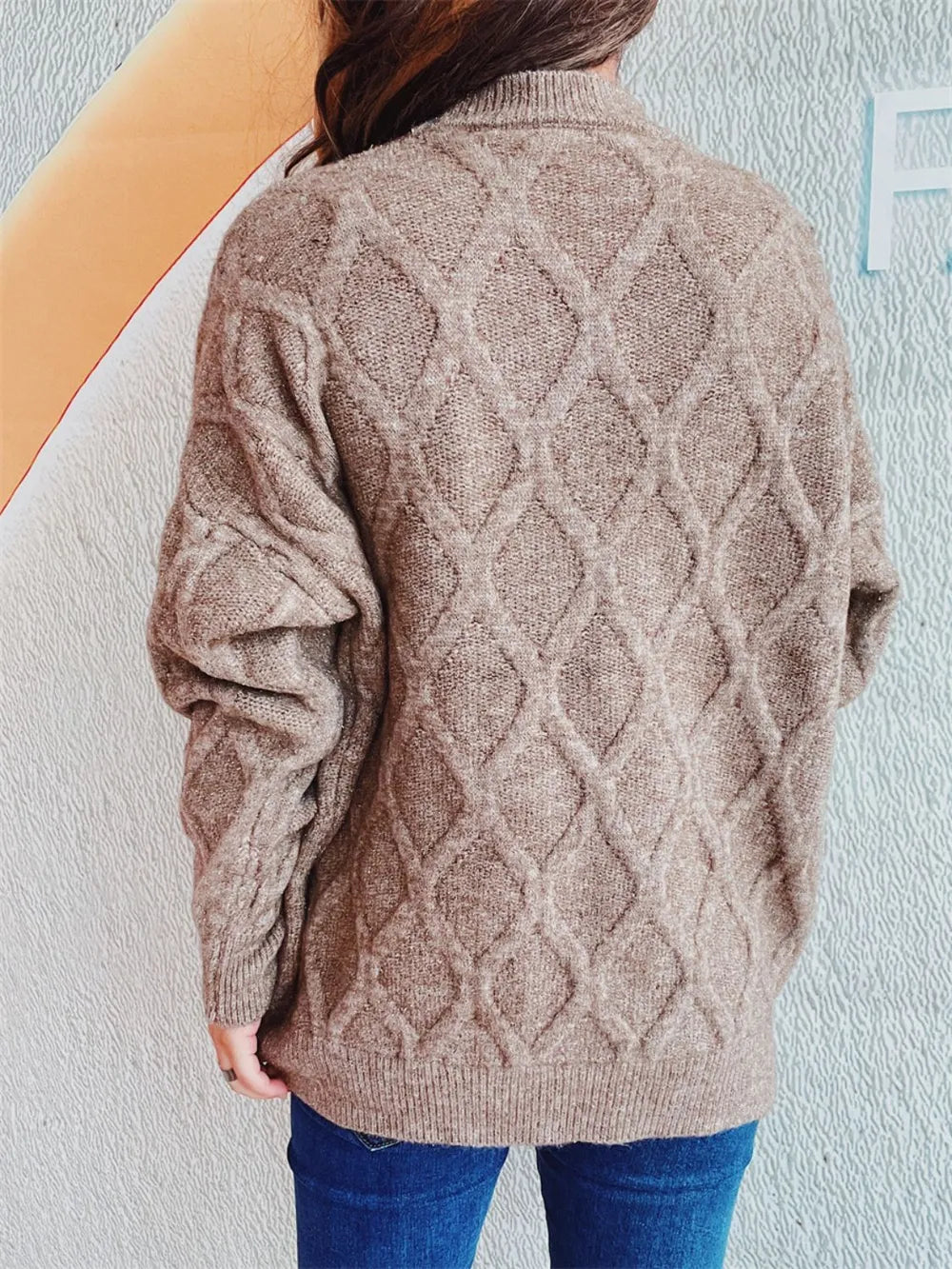 Diamond Round Neck Long Sleeve Sweater - adritiX