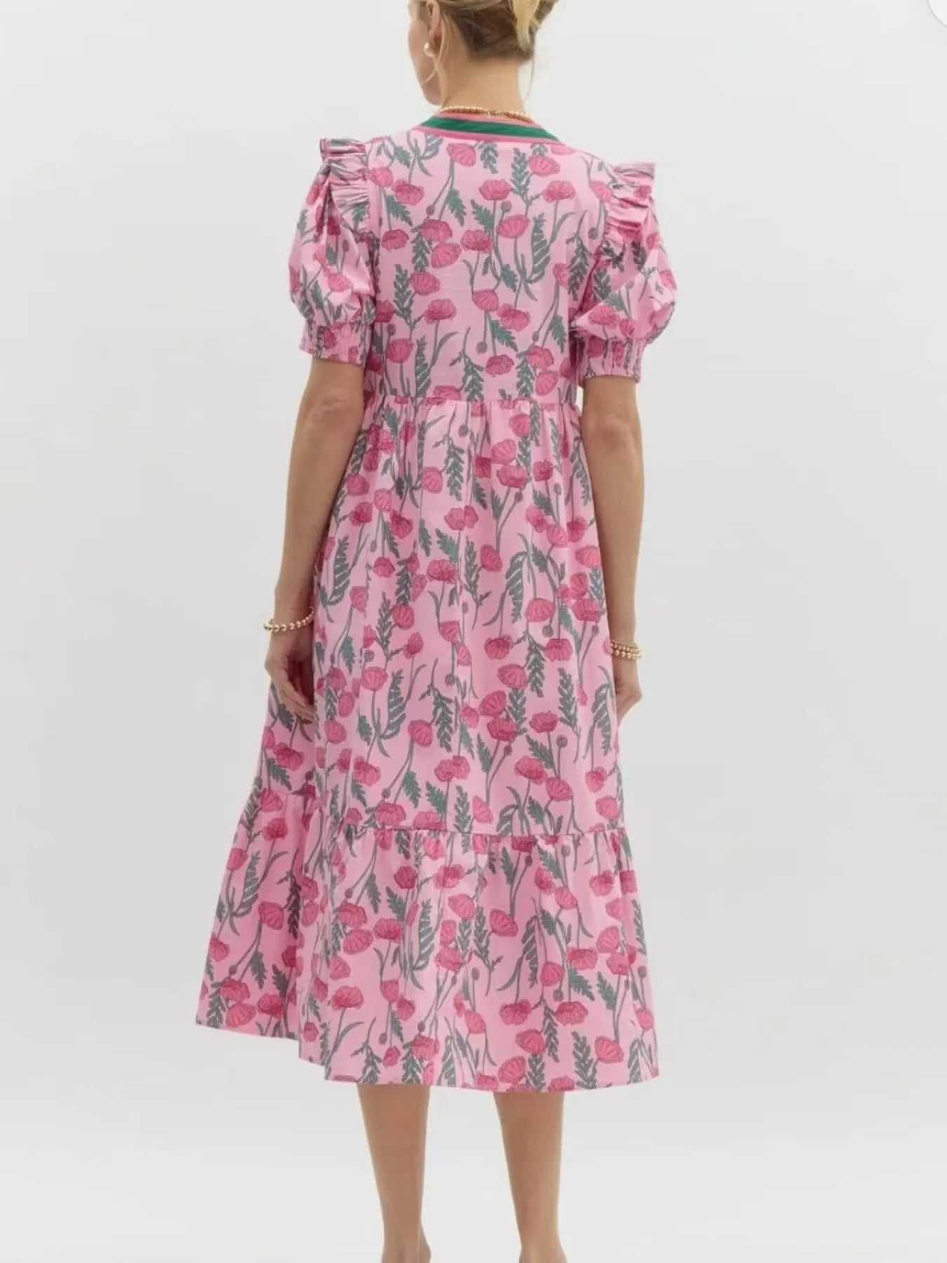 Elegant Floral Puff Sleeve Midi Dress with Contrast Trim - adritiX