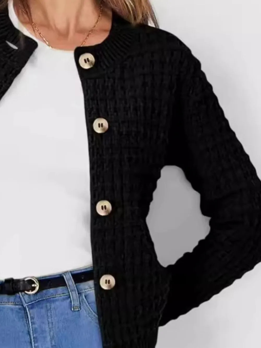 Button Up Round Neck Long Sleeve Cardigan - adritiX