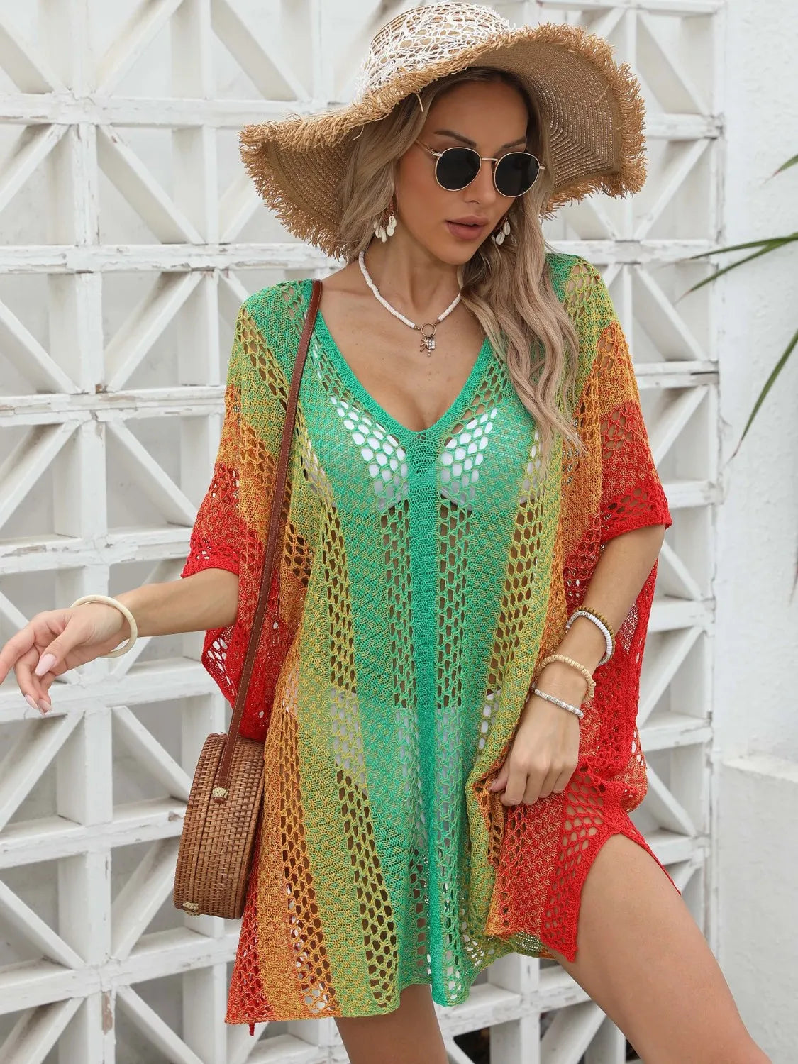 Rainbow Gradient Crochet Beach Cover Up - adritiX