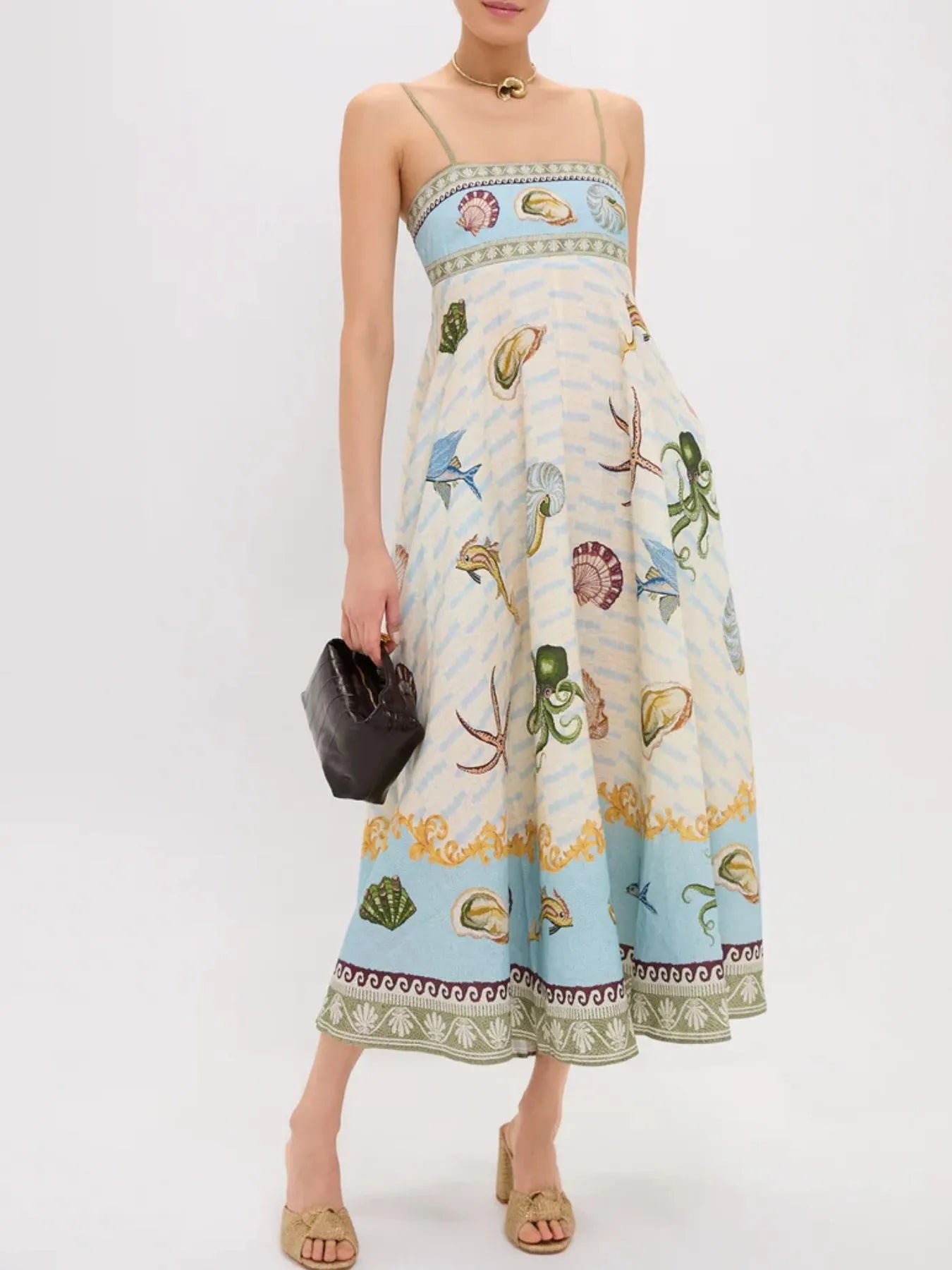 Elegant Ocean Print Spaghetti Strap Midi Dress - adritiX