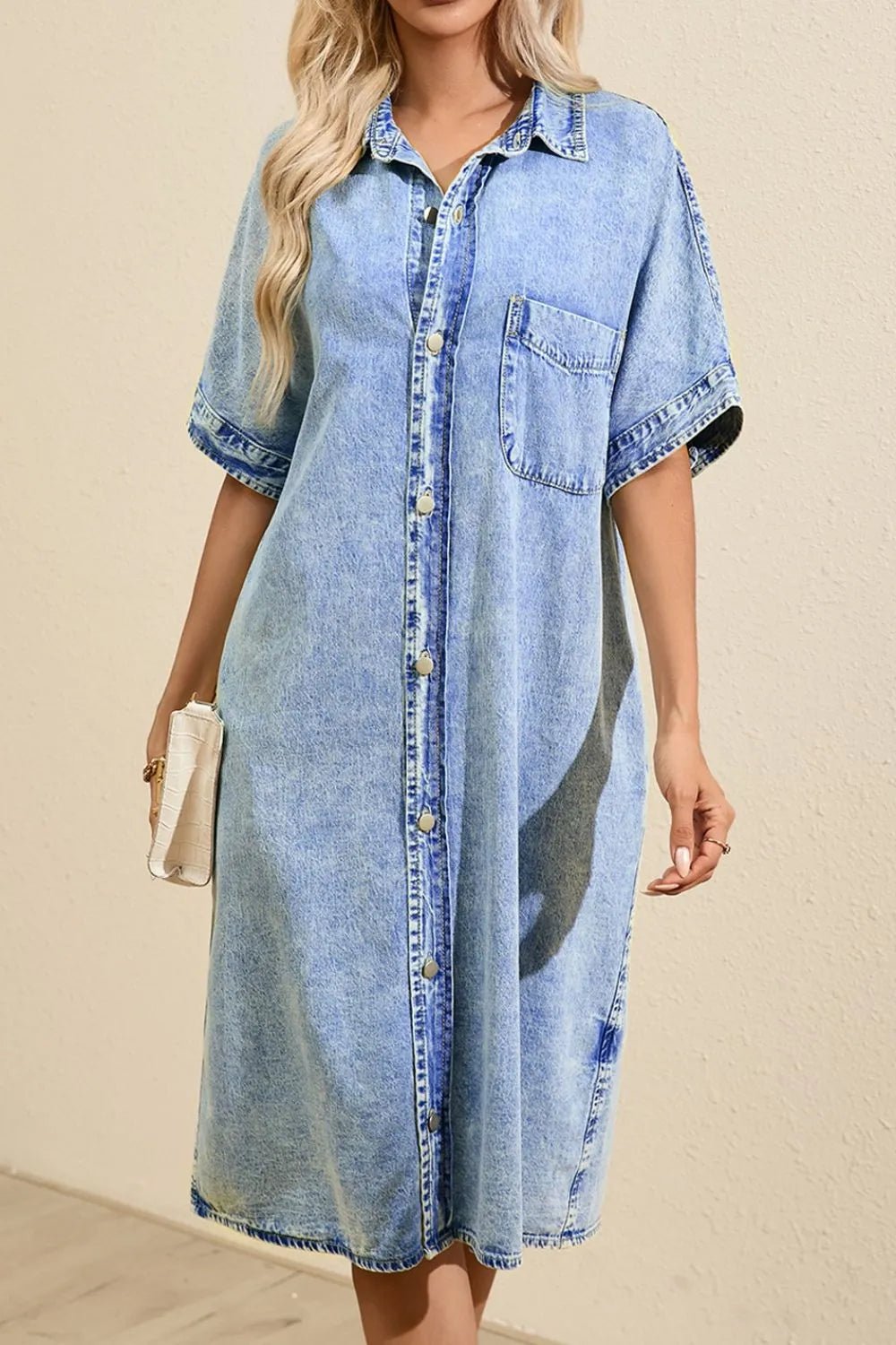 Oversized Button Down Denim Shirt Dress - adritiX