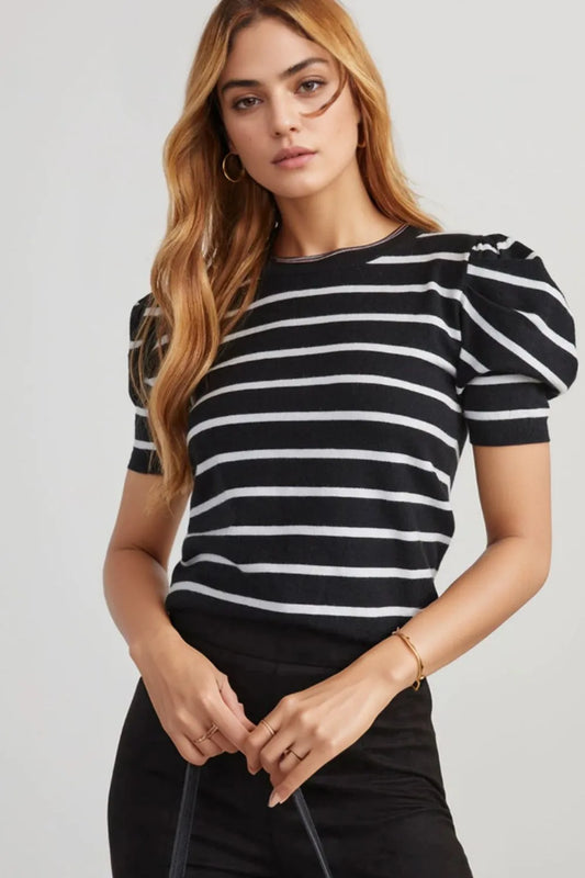 Stripe Ribbed Trim Round Neck Bubble Sleeve Knitted Top - adritiX