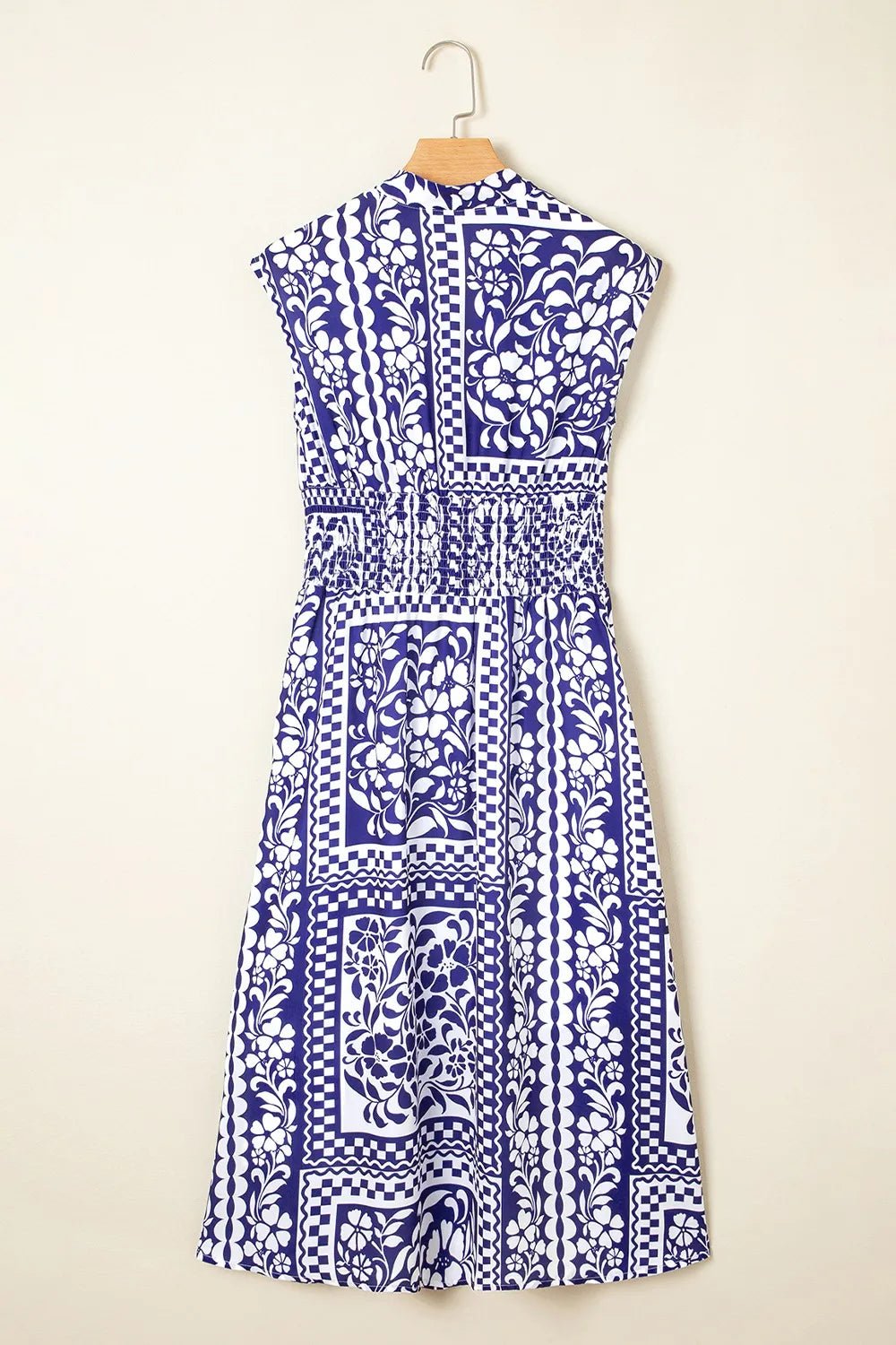 Shirred Waist V Neck Sleeveless Floral Print Midi Dress - adritiX