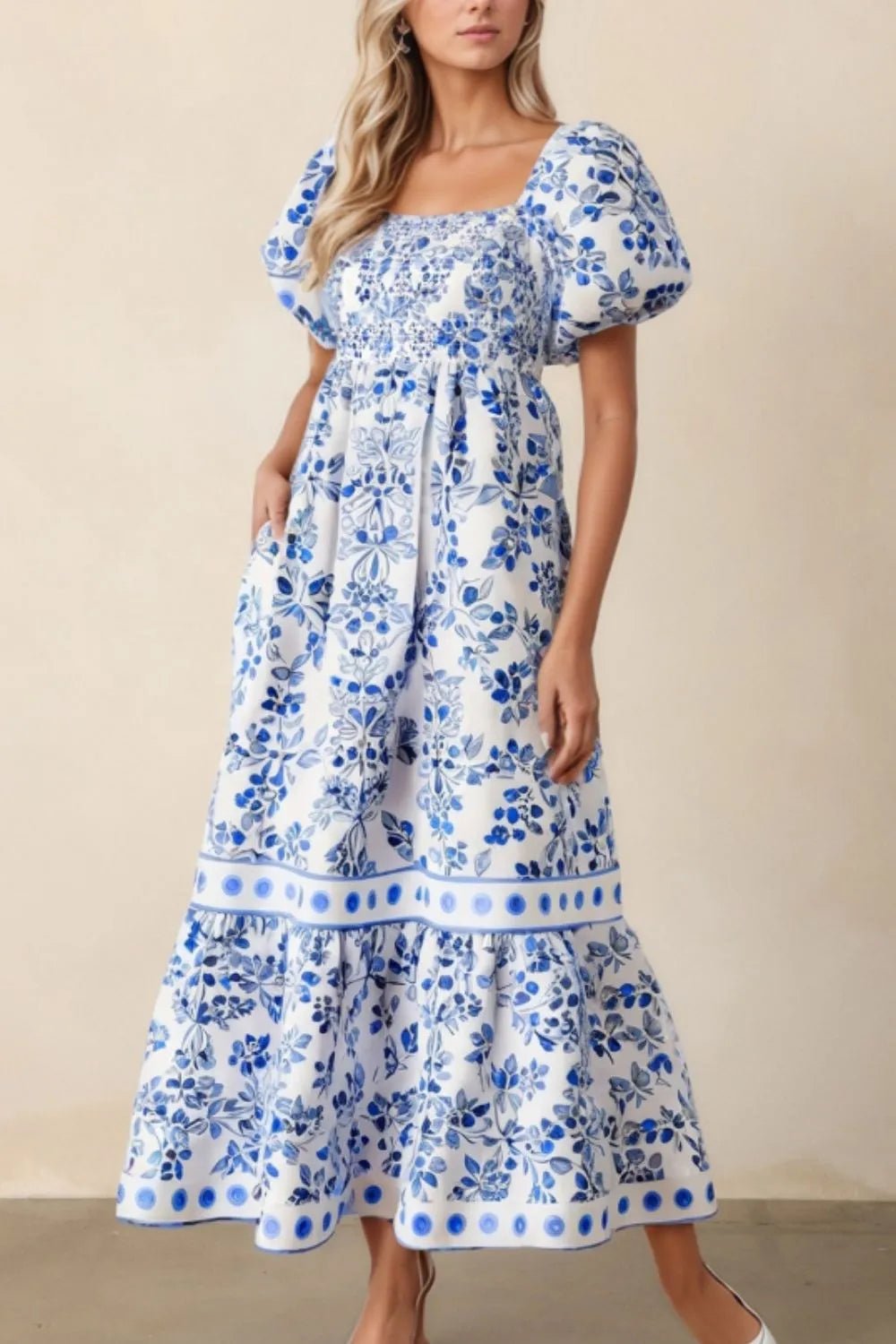 Smocked Printed Square Neck Puff Sleeve Dress - adritiX