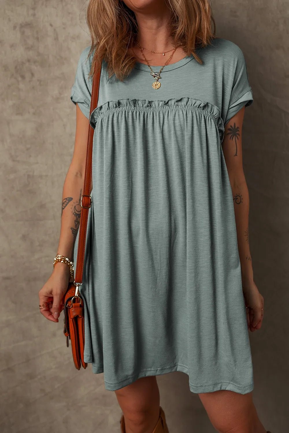 Frilled Gathered Seam Round Neck T Shirt Dress - adritiX