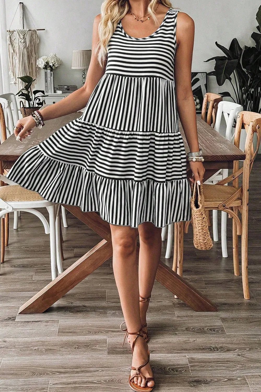 Striped Round Neck Sleeveless Mini Dress - adritiX