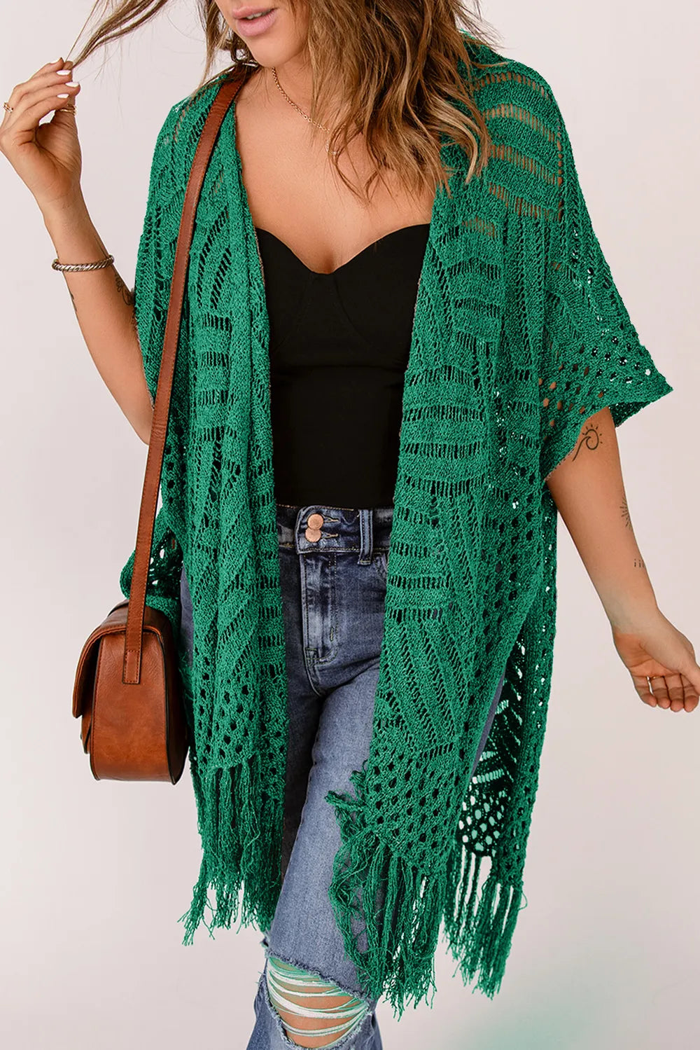 Openwork Open Front Cardigan with Fringes - adritiX