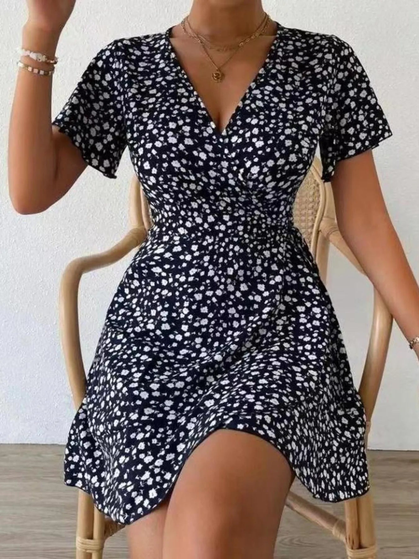 Floral Flutter Sleeve Wrap Mini Dress - adritiX